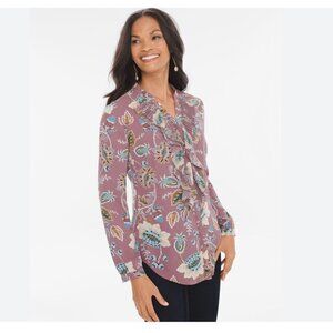 Chico's Jacobean Bouquet Pleated Ruffle Shirt Size Large (12/14)